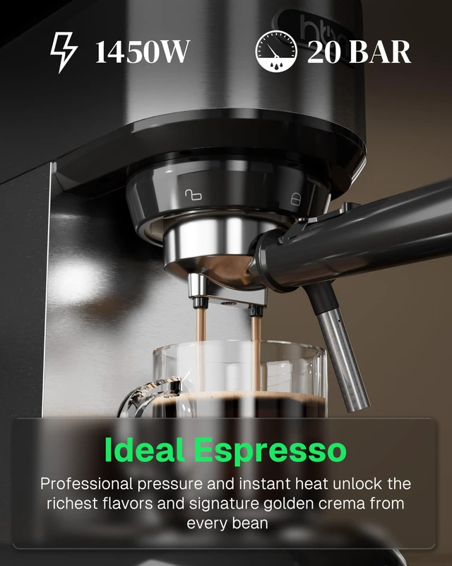 Alt view image 2 of 7 - HBN 20 Bar Espresso Machine with Milk Frother, Compact Espresso Maker for Ground Coffee, Stainless Steel Coffee Machine with Steam Wand & 34oz Removable Water Tank, 1450W for Home & Office
