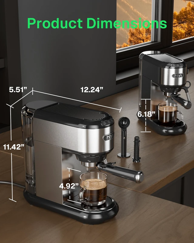 Alt view image 3 of 7 - HBN 20 Bar Espresso Machine with Milk Frother, Compact Espresso Maker for Ground Coffee, Stainless Steel Coffee Machine with Steam Wand & 34oz Removable Water Tank, 1450W for Home & Office