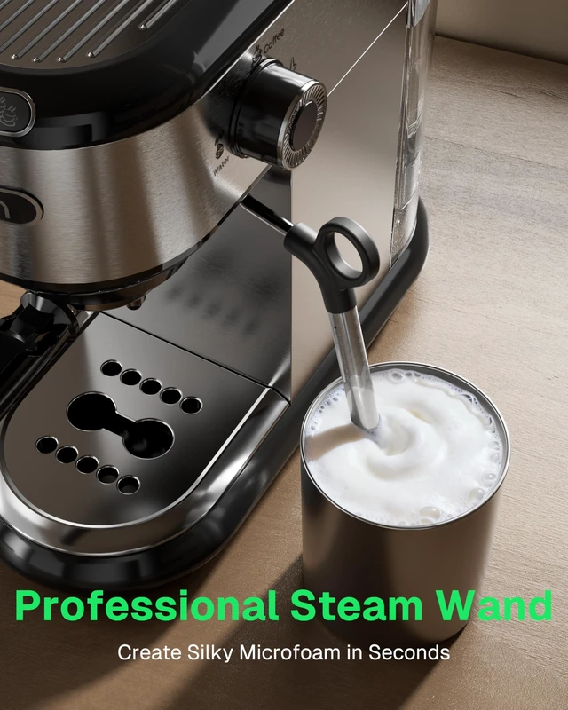 Alt view image 4 of 7 - HBN 20 Bar Espresso Machine with Milk Frother, Compact Espresso Maker for Ground Coffee, Stainless Steel Coffee Machine with Steam Wand & 34oz Removable Water Tank, 1450W for Home & Office