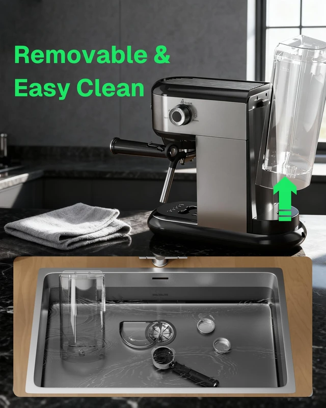 Alt view image 7 of 7 - HBN 20 Bar Espresso Machine with Milk Frother, Compact Espresso Maker for Ground Coffee, Stainless Steel Coffee Machine with Steam Wand & 34oz Removable Water Tank, 1450W for Home & Office