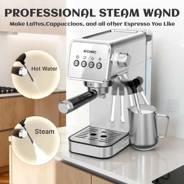 Alt view image 3 of 7 - AYCHIRO 20 Bar Espresso Machine, Semi-Automatic Espresso Maker with Milk Frother Wand, Compact Stainless Steel Coffee Machine for Latte & Cappuccino, 37.2 oz Removable Water Tank