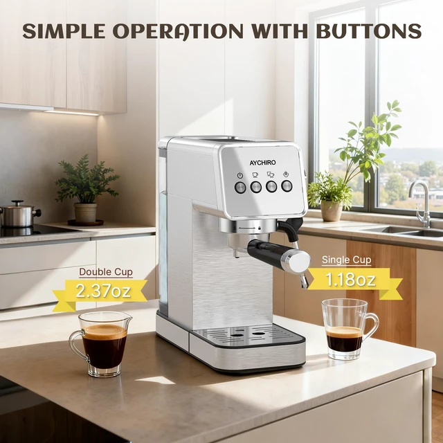 Alt view image 4 of 7 - AYCHIRO 20 Bar Espresso Machine, Semi-Automatic Espresso Maker with Milk Frother Wand, Compact Stainless Steel Coffee Machine for Latte & Cappuccino, 37.2 oz Removable Water Tank
