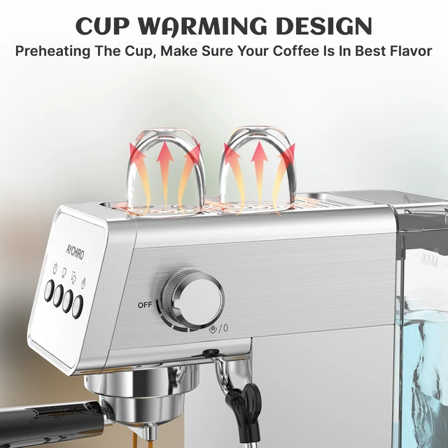 Alt view image 5 of 7 - AYCHIRO 20 Bar Espresso Machine, Semi-Automatic Espresso Maker with Milk Frother Wand, Compact Stainless Steel Coffee Machine for Latte & Cappuccino, 37.2 oz Removable Water Tank