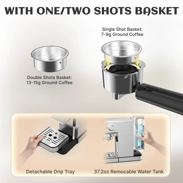 Alt view image 7 of 7 - AYCHIRO 20 Bar Espresso Machine, Semi-Automatic Espresso Maker with Milk Frother Wand, Compact Stainless Steel Coffee Machine for Latte & Cappuccino, 37.2 oz Removable Water Tank