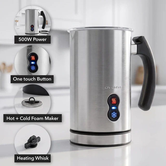 Alt view image 2 of 7 - OVENTE Milk Frother and Steamer, Double-Wall Insulation, Silver FR3608BR | Electric Hot and Cold Foam Maker for Coffee, Latte, Cappuccino, Hot Chocolate, Macchiato with Silent Operation, Auto Shutoff