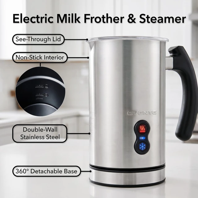 Alt view image 3 of 7 - OVENTE Milk Frother and Steamer, Double-Wall Insulation, Silver FR3608BR | Electric Hot and Cold Foam Maker for Coffee, Latte, Cappuccino, Hot Chocolate, Macchiato with Silent Operation, Auto Shutoff