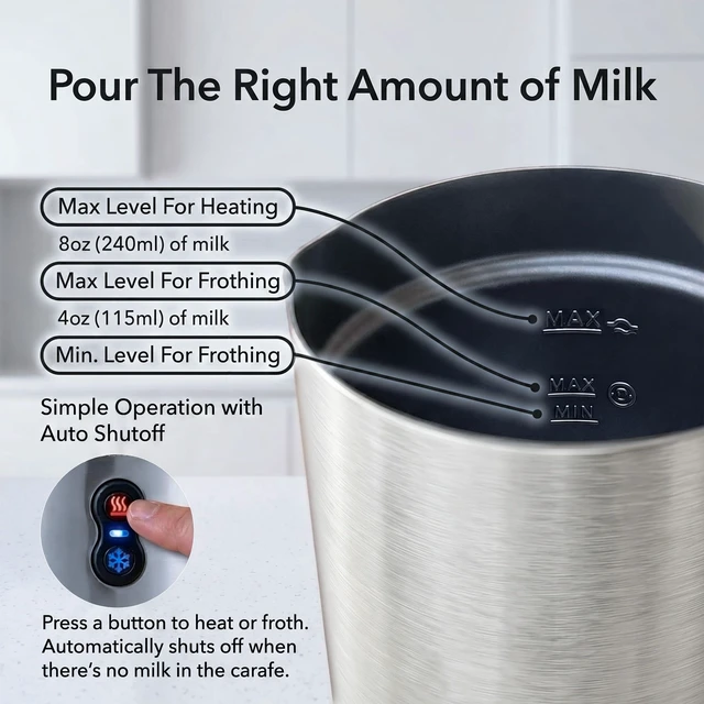 Alt view image 7 of 7 - OVENTE Milk Frother and Steamer, Double-Wall Insulation, Silver FR3608BR | Electric Hot and Cold Foam Maker for Coffee, Latte, Cappuccino, Hot Chocolate, Macchiato with Silent Operation, Auto Shutoff