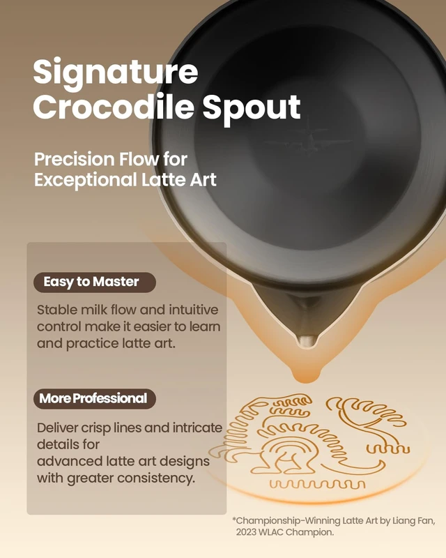 Alt view image 4 of 7 - MHW-3BOMBER 16.9oz Milk Frothing Pitcher, World Champion Endorsed Espresso Steaming Pitcher with Crocodile-Shaped Precision Spout, Stainless Steel Latte Art Milk Jug for Baristas, 5.0 Glossy, P5002S