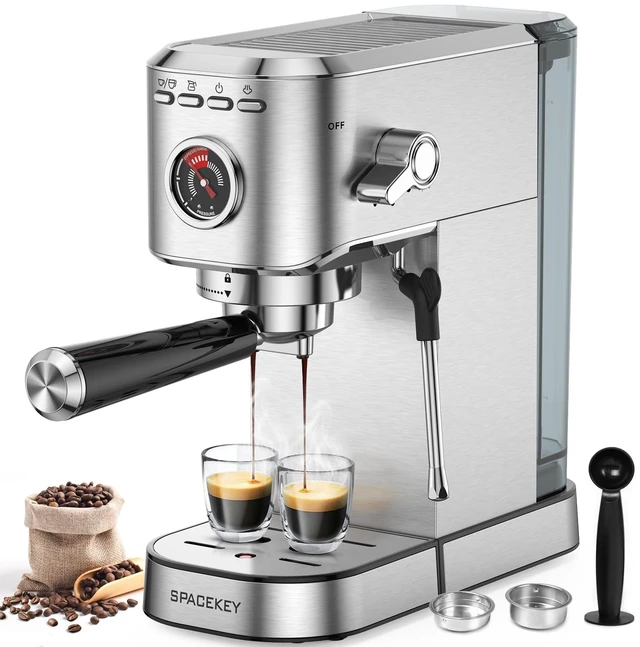 Main image of Spacekey Espresso Machine with Milk Frother 20 Bar, Stainless Steel | Fast Heating, Americano Mode, Customized Coffee Volume, 39oz Removable Water Tank, for Cappuccino Latte, CM5080
