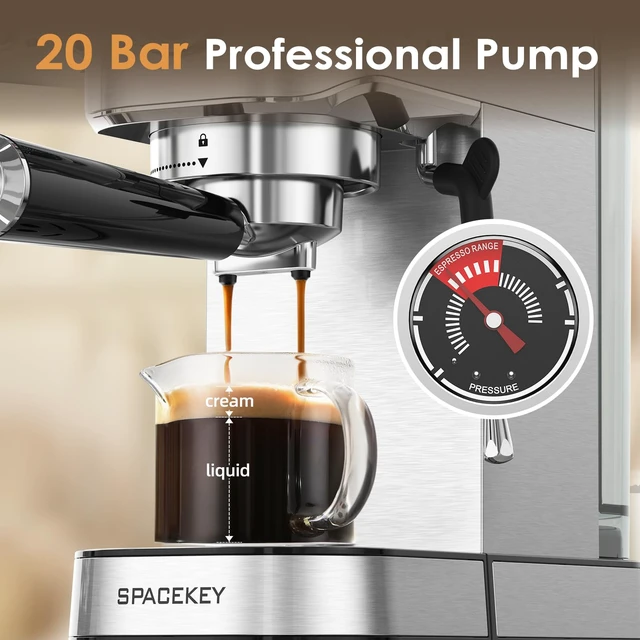 Alt view image 2 of 7 - Spacekey Espresso Machine with Milk Frother 20 Bar, Stainless Steel | Fast Heating, Americano Mode, Customized Coffee Volume, 39oz Removable Water Tank, for Cappuccino Latte, CM5080