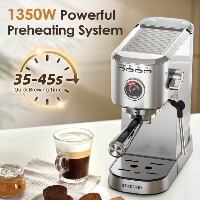 Alt view image 3 of 7 - Spacekey Espresso Machine with Milk Frother 20 Bar, Stainless Steel | Fast Heating, Americano Mode, Customized Coffee Volume, 39oz Removable Water Tank, for Cappuccino Latte, CM5080