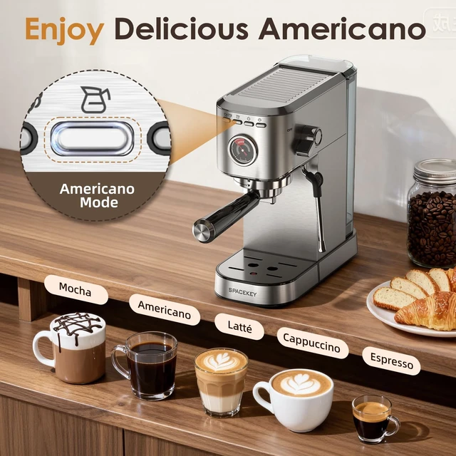 Alt view image 4 of 7 - Spacekey Espresso Machine with Milk Frother 20 Bar, Stainless Steel | Fast Heating, Americano Mode, Customized Coffee Volume, 39oz Removable Water Tank, for Cappuccino Latte, CM5080