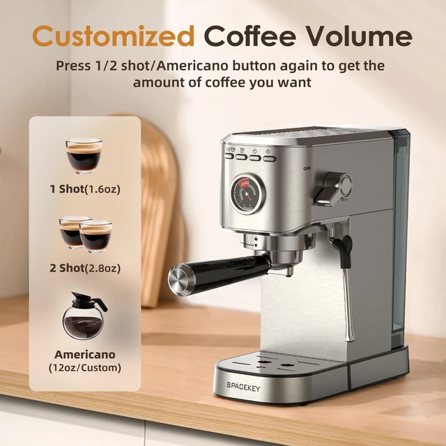 Alt view image 5 of 7 - Spacekey Espresso Machine with Milk Frother 20 Bar, Stainless Steel | Fast Heating, Americano Mode, Customized Coffee Volume, 39oz Removable Water Tank, for Cappuccino Latte, CM5080