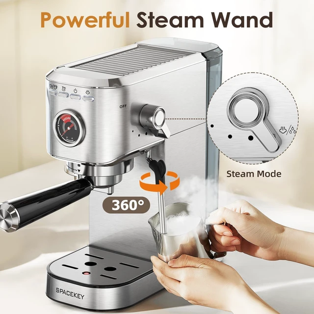 Alt view image 6 of 7 - Spacekey Espresso Machine with Milk Frother 20 Bar, Stainless Steel | Fast Heating, Americano Mode, Customized Coffee Volume, 39oz Removable Water Tank, for Cappuccino Latte, CM5080