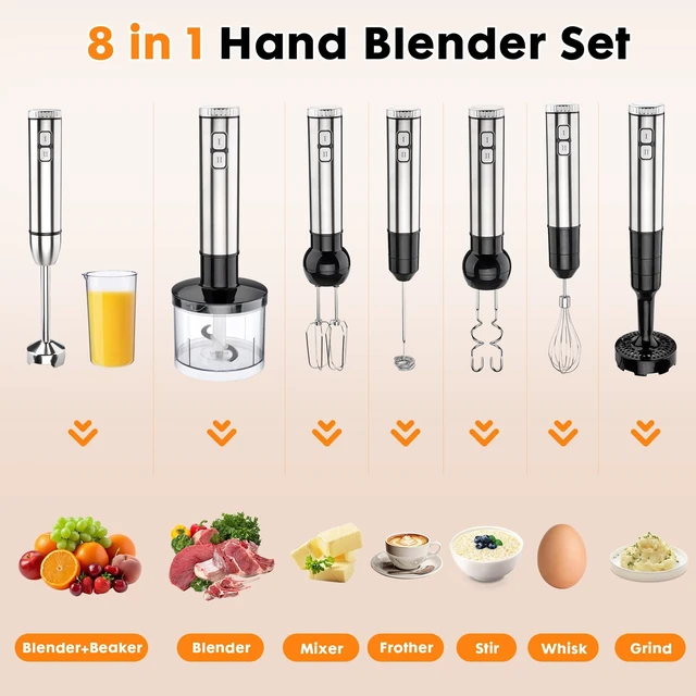 Alt view image 3 of 7 - YODHOSA Immersion Blender Handheld 8 in 1 Hand Held Blenders Mixer Stainless Steel Electric Sitck Beaker Chopper Milk Frother Grinder