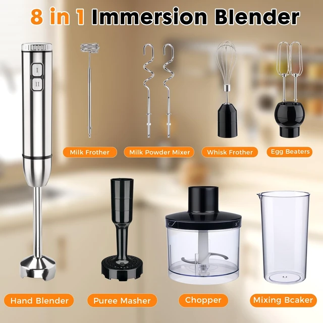 Alt view image 7 of 7 - YODHOSA Immersion Blender Handheld 8 in 1 Hand Held Blenders Mixer Stainless Steel Electric Sitck Beaker Chopper Milk Frother Grinder