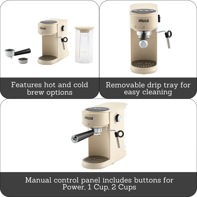 Alt view image 2 of 7 - IMUSA 1 or 2 Cup Electric Slimbrew Espresso Cappuccino Coffee Maker, Almond | Milk Frother with Fast Thermoblock Heating, Compact Design for Hot or Iced Drinks