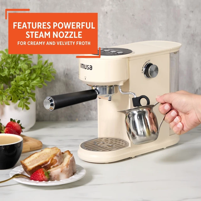 Alt view image 5 of 7 - IMUSA 1 or 2 Cup Electric Slimbrew Espresso Cappuccino Coffee Maker, Almond | Milk Frother with Fast Thermoblock Heating, Compact Design for Hot or Iced Drinks