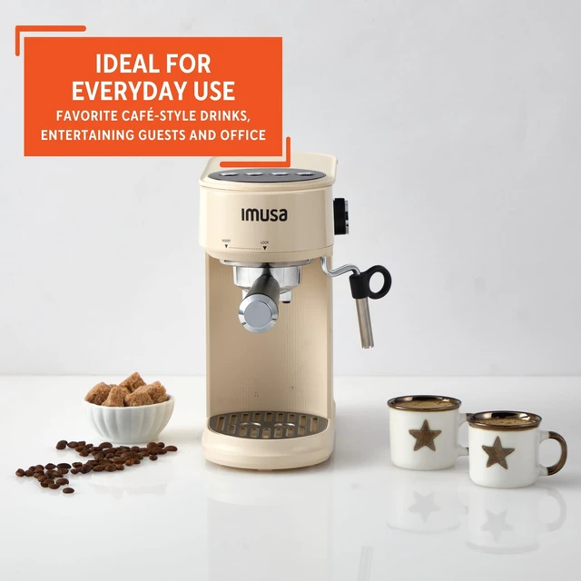 Alt view image 7 of 7 - IMUSA 1 or 2 Cup Electric Slimbrew Espresso Cappuccino Coffee Maker, Almond | Milk Frother with Fast Thermoblock Heating, Compact Design for Hot or Iced Drinks