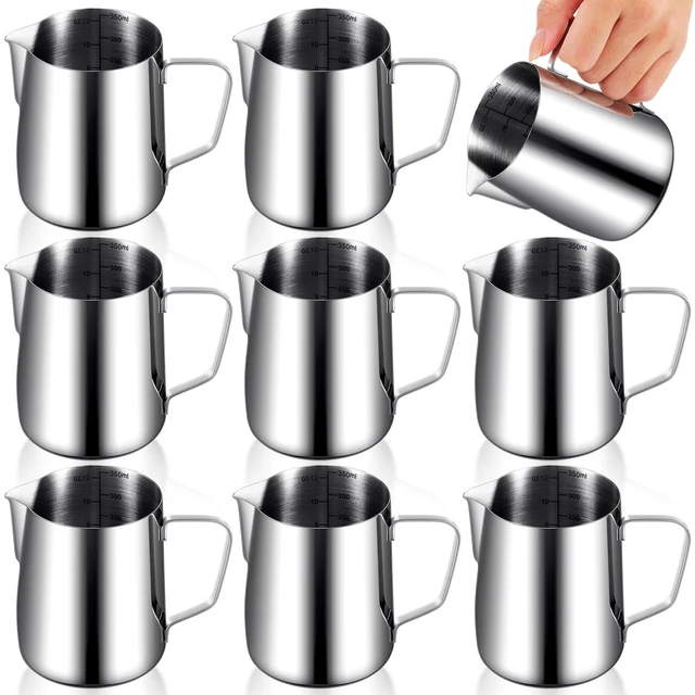 Main image of Dandat 8 Pcs Milk Frothing Pitcher 12 oz Stainless Steel Milk Frother Cup | Pour Spout for Latte Art, Ml Oz Marks Inside, Steaming Pitchers for Cappuccino Hot Chocolate, Frother Cup with Handle