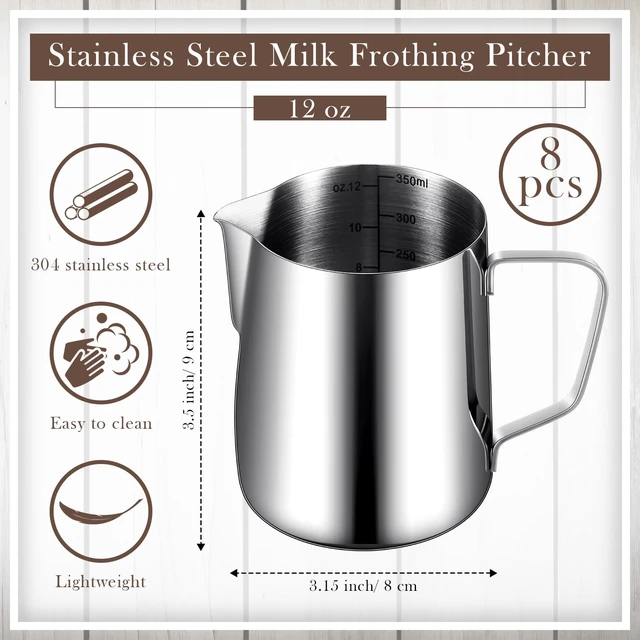 Alt view image 2 of 7 - Dandat 8 Pcs Milk Frothing Pitcher 12 oz Stainless Steel Milk Frother Cup | Pour Spout for Latte Art, Ml Oz Marks Inside, Steaming Pitchers for Cappuccino Hot Chocolate, Frother Cup with Handle