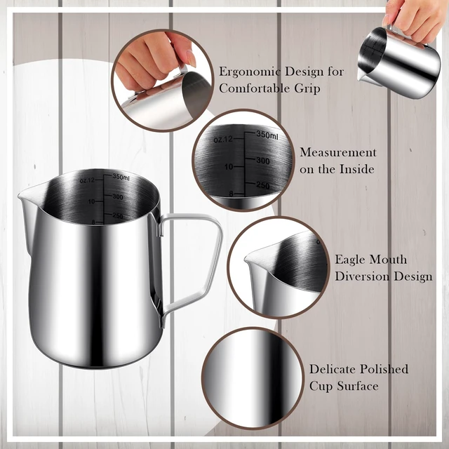 Alt view image 3 of 7 - Dandat 8 Pcs Milk Frothing Pitcher 12 oz Stainless Steel Milk Frother Cup | Pour Spout for Latte Art, Ml Oz Marks Inside, Steaming Pitchers for Cappuccino Hot Chocolate, Frother Cup with Handle