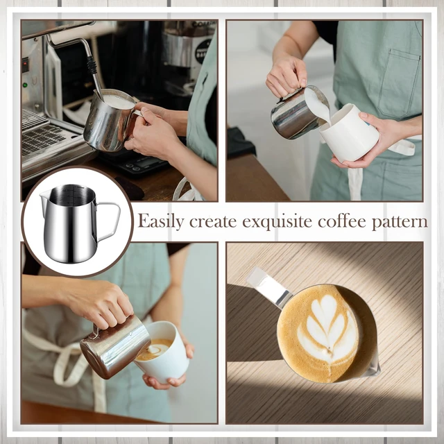 Alt view image 7 of 7 - Dandat 8 Pcs Milk Frothing Pitcher 12 oz Stainless Steel Milk Frother Cup | Pour Spout for Latte Art, Ml Oz Marks Inside, Steaming Pitchers for Cappuccino Hot Chocolate, Frother Cup with Handle
