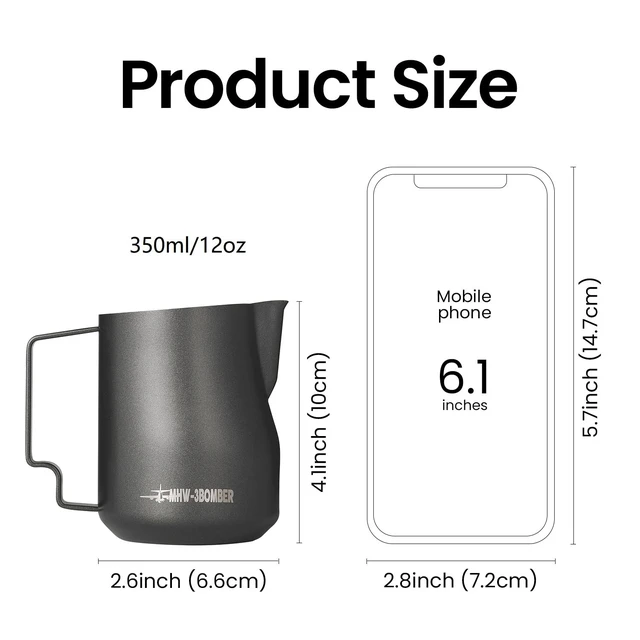 Alt view image 3 of 7 - MHW-3BOMBER Milk Frothing Pitcher 12oz Milk Frother Cup Espresso Steaming Pitcher Stainless Steel Milk Frother Cup Barista Latte Art Round Spout Milk Jug, Black P6007MB-OS