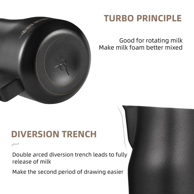 Alt view image 6 of 7 - MHW-3BOMBER Milk Frothing Pitcher 12oz Milk Frother Cup Espresso Steaming Pitcher Stainless Steel Milk Frother Cup Barista Latte Art Round Spout Milk Jug, Black P6007MB-OS