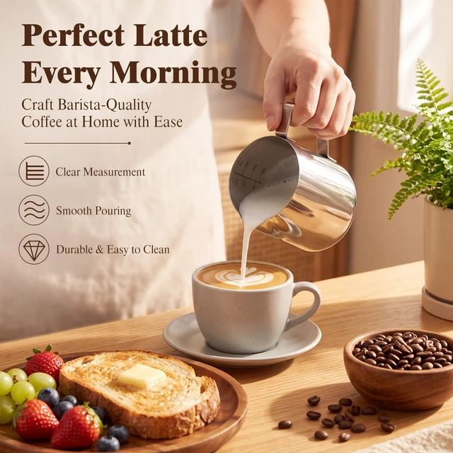 Alt view image 2 of 6 - Honeydak 15 Pcs Milk Frothing Pitcher 304 Stainless Steel Steaming Pitchers for Coffee Bar Cappuccino Barista Tools Milk Jug Steamer Frother Cup, 12 oz, Silver