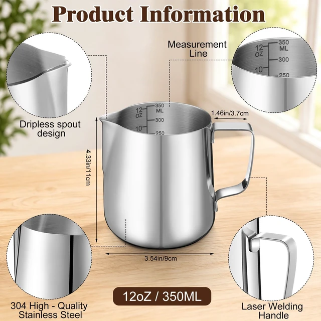 Alt view image 3 of 6 - Honeydak 15 Pcs Milk Frothing Pitcher 304 Stainless Steel Steaming Pitchers for Coffee Bar Cappuccino Barista Tools Milk Jug Steamer Frother Cup, 12 oz, Silver