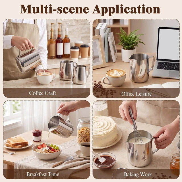 Alt view image 6 of 6 - Honeydak 15 Pcs Milk Frothing Pitcher 304 Stainless Steel Steaming Pitchers for Coffee Bar Cappuccino Barista Tools Milk Jug Steamer Frother Cup, 12 oz, Silver