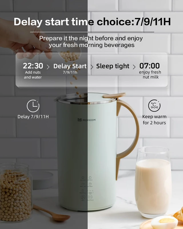 Alt view image 4 of 7 - MOKKOM Nut Milk Maker, Automatic Almond Milk Machine for Homemade Plant-Based Beverages, Oats, Soy, Dairy Free, 20 oz With Delay Start/Keep Warm/Self-Clean/Boiling, Cardamom Green