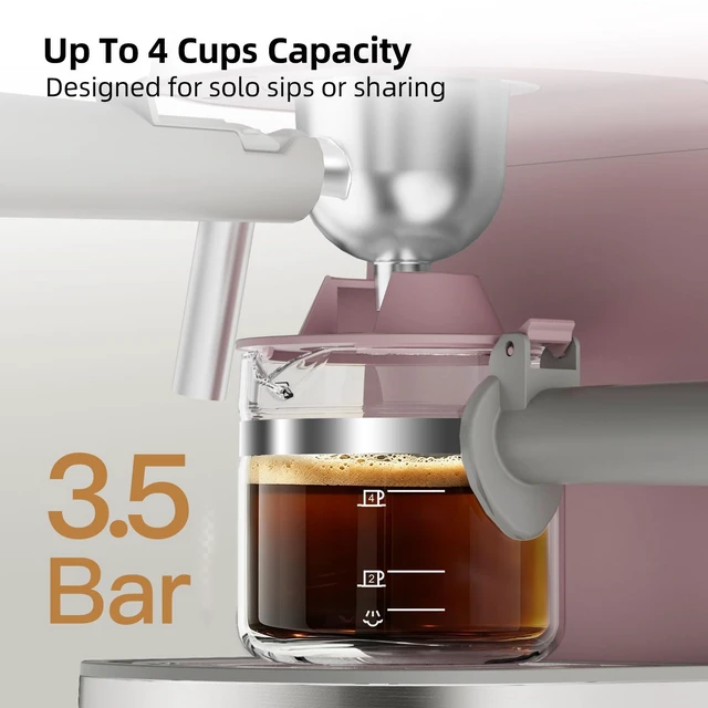 Alt view image 3 of 7 - SECPOEDR 3.5Bar Espreeso Machine 4-Cup Compact Coffee Maker 800W Pink | Beginner-friendly Espresso Maker with Milk Frother, Fast Brewing, Easy Operation for Home Espresso, Latte and Cappuccino