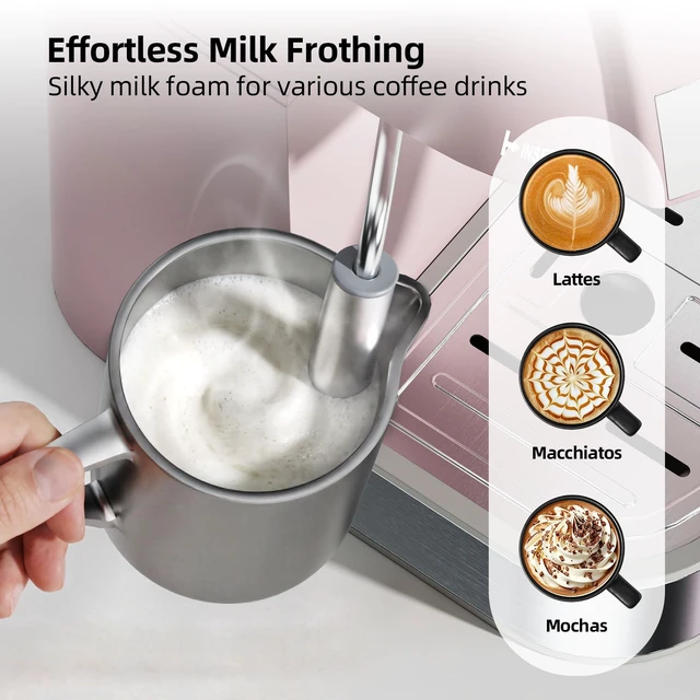 Alt view image 2 of 7 - SECPOEDR 3.5Bar Espreeso Machine 4-Cup Compact Coffee Maker 800W Pink | Beginner-friendly Espresso Maker with Milk Frother, Fast Brewing, Easy Operation for Home Espresso, Latte and Cappuccino