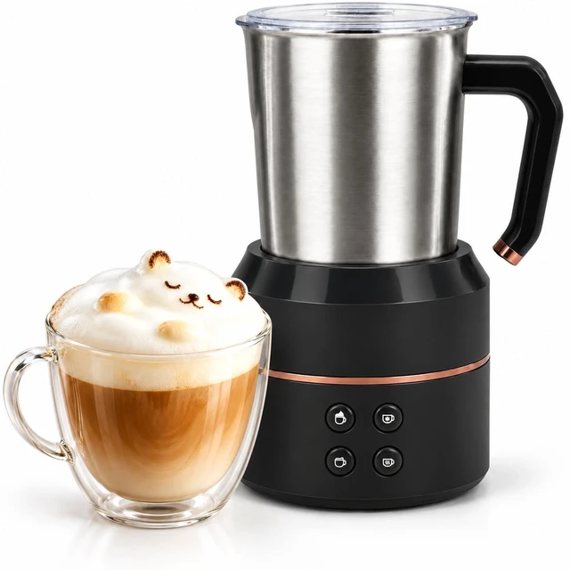 Main image of Automatic Milk Frother and Warmer with Removable Jug, 4-in-1, Black | 4 modes, 500ml/16.9oz removable jug, and a spout for latte art. The jug can go in the dishwasher for easy cleaning after use.