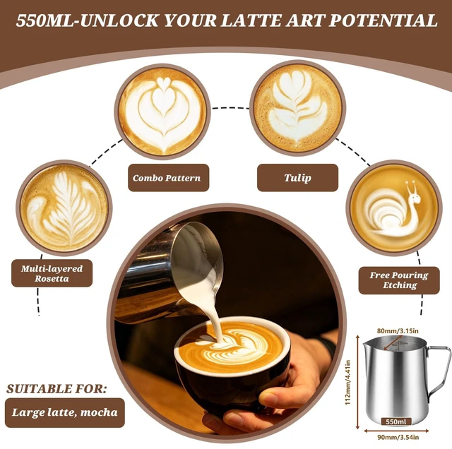 Alt view image 3 of 7 - VAKUKK Milk Forther Cup for Coffee Cappuccino Latte Art(6,550ml/18 oz) | Precision Spout,Easy Pour, Comfortable Handle,Easy Grip,Lightweight,Portable,Shatterproof,Durable