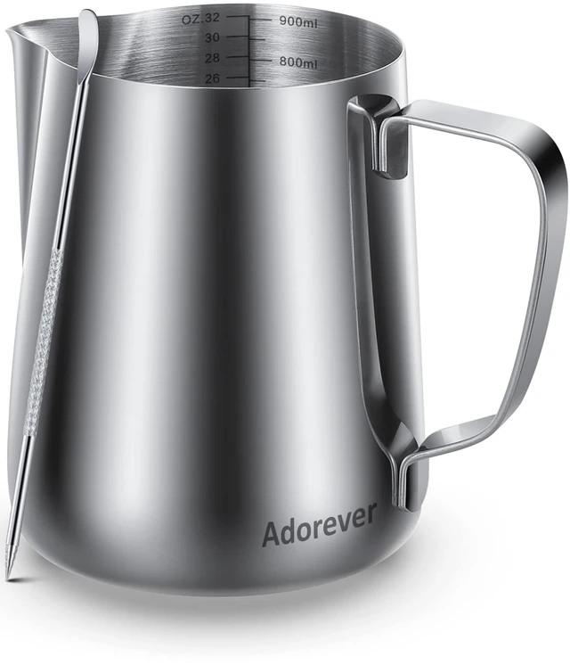 Main image of Milk Frothing Pitcher, 32oz Steaming Pitcher Stainless Steel Espresso Machine Accessories for Coffee Bar, Cappuccino Barista Tools Milk Jug Steamer Frother Cup with Decorating Latte Art Pen