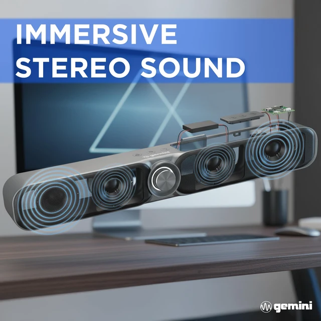 Alt view image 2 of 7 - Gemini Portable Bluetooth Soundbar for TV, Desk & Gaming (GSBR-20) | 16" portable soundbar for TV, desk & gaming - USB-C or battery - dual 2" drivers - FM, 5-in-1 media
