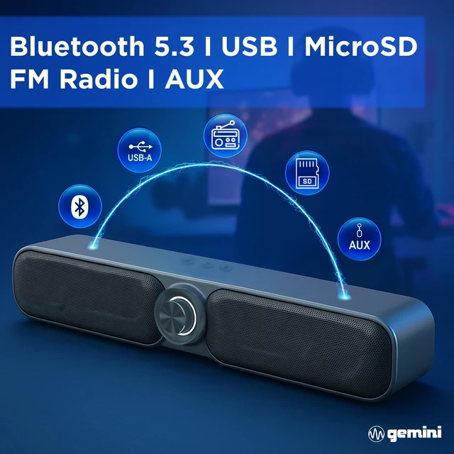 Alt view image 3 of 7 - Gemini Portable Bluetooth Soundbar for TV, Desk & Gaming (GSBR-20) | 16" portable soundbar for TV, desk & gaming - USB-C or battery - dual 2" drivers - FM, 5-in-1 media