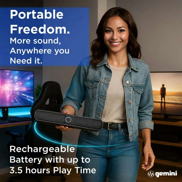 Alt view image 4 of 7 - Gemini Portable Bluetooth Soundbar for TV, Desk & Gaming (GSBR-20) | 16" portable soundbar for TV, desk & gaming - USB-C or battery - dual 2" drivers - FM, 5-in-1 media