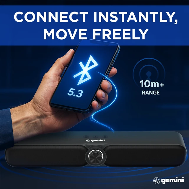 Alt view image 5 of 7 - Gemini Portable Bluetooth Soundbar for TV, Desk & Gaming (GSBR-20) | 16" portable soundbar for TV, desk & gaming - USB-C or battery - dual 2" drivers - FM, 5-in-1 media