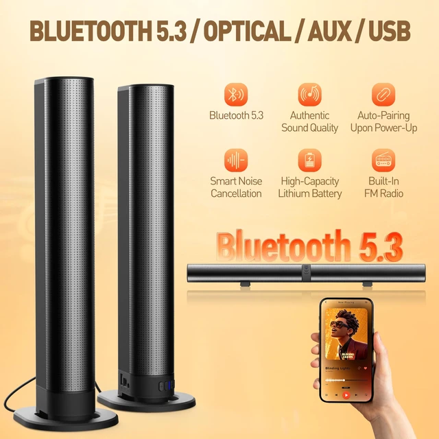 Alt view image 3 of 6 - HANMOCAO Smart TV Soundbar, 2-in-1 Detachable Wireless Soundbar, 120W, Hi-Fi Sound, Bluetooth 5.3 / Optical/AUX/USB, 4 Magnetic Speakers, Compatible with TV/PC/Phone/FM, Home Theater Audio
