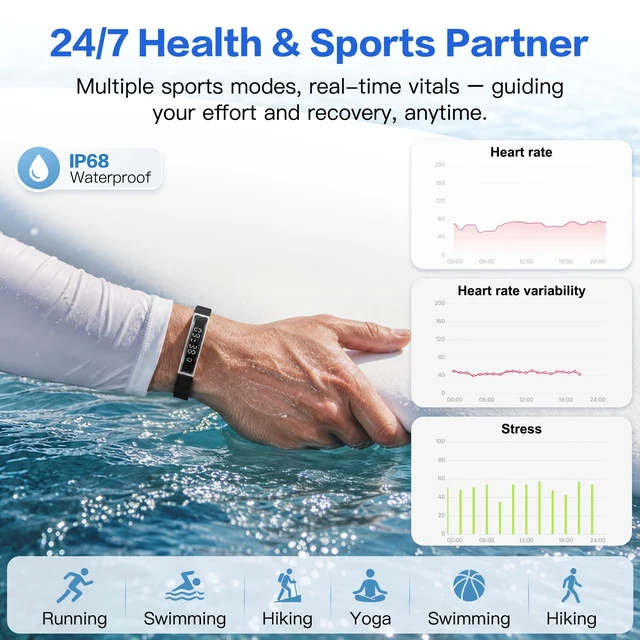 Alt view image 4 of 7 - Smart Bracelet for Women & Men, Health Activity & Fitness Tracker | 24/7 Heart Rate & Stress, Sleep Tracking, Step Counter, Slim 16g Lightweight Bracelet + Free Strap, Free App, No Subscription