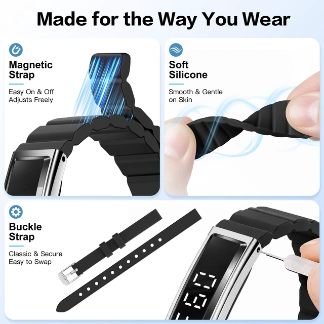 Alt view image 6 of 7 - Smart Bracelet for Women & Men, Health Activity & Fitness Tracker | 24/7 Heart Rate & Stress, Sleep Tracking, Step Counter, Slim 16g Lightweight Bracelet + Free Strap, Free App, No Subscription