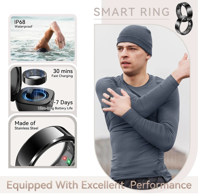 Alt view image 7 of 7 - Smart Ring for Men, Fitness & Activity Tracker with Blood Pressure/Heart Rate Monitor, Sleep Tracker, Step Counter, IP68 Waterproof Ring for iOS & Android, Fast Charge, No Subscription (Black,Size10)
