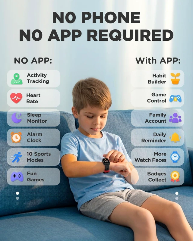Alt view image 3 of 7 - Vigor Plus Kids Watch Fitness Tracker for Boys, No Phone Needed | Step Counter, Heart Rate, Sleep Monitor, IP68 Waterproof, Pedometer, Vibrating Alarm, 10 Sport Modes, E-pet, Ages 5-15 Black