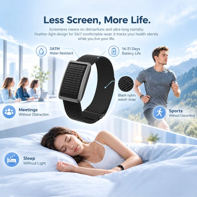 Alt view image 7 of 7 - Screenless Fitness Trackers, Smart Band for Men Women with Bluetooth 6.0 | Sleep Heart Rate SpO2 HRV Stress Step Calorie Tracker,Gesture Control,Find Bracelet,3ATM Waterproof,21-Day Battery,150+Sports