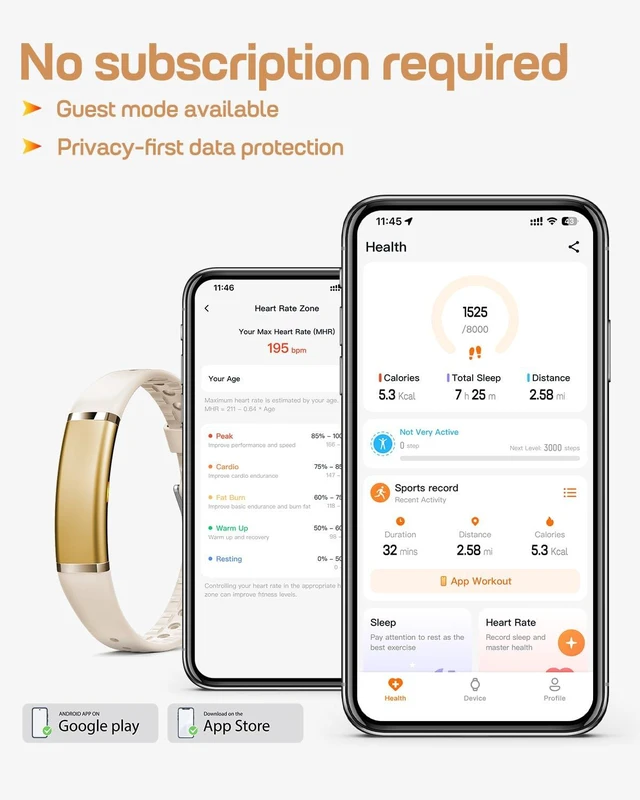 Alt view image 6 of 7 - FITVII Screenless Fitness Tracker for Women Men, Health & Fitness Wearable | 24/7 Heart Rate, Blood Pressure and HRV Sleep Monitor, Subscription Free Activity Tracker for Android & iPhone