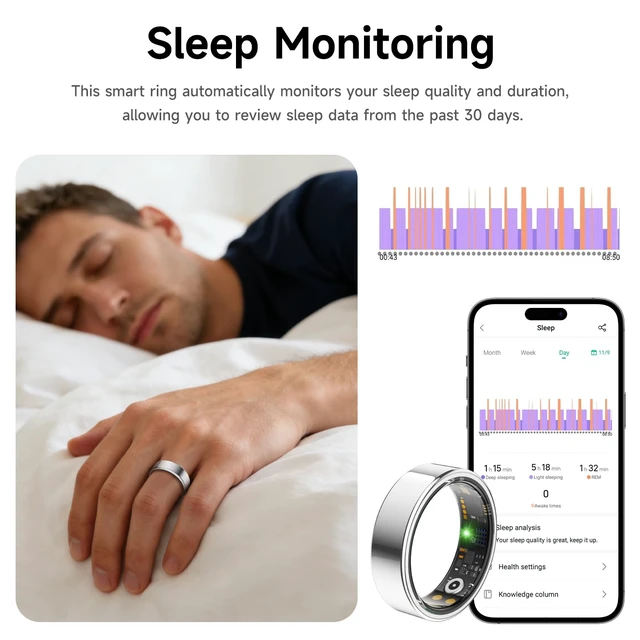 Alt view image 3 of 7 - Smart Ring for Women Men, Health Tracker, Fitness Ring (Silver, 8#) | Sleep Monitor, Heart Rate, Blood Oxygen Step Counter, IP68 Waterproof Fit Ring No Subscription, iOS & Android Compatible